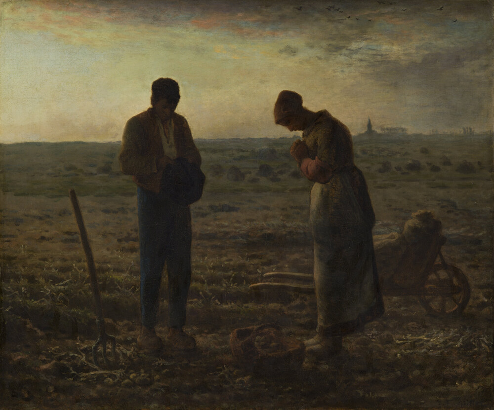 Um casal de camponeses interrompe o trabalho no campo e reza de cabe&ccedil;a baixa ao entardecer, pintura de Millet