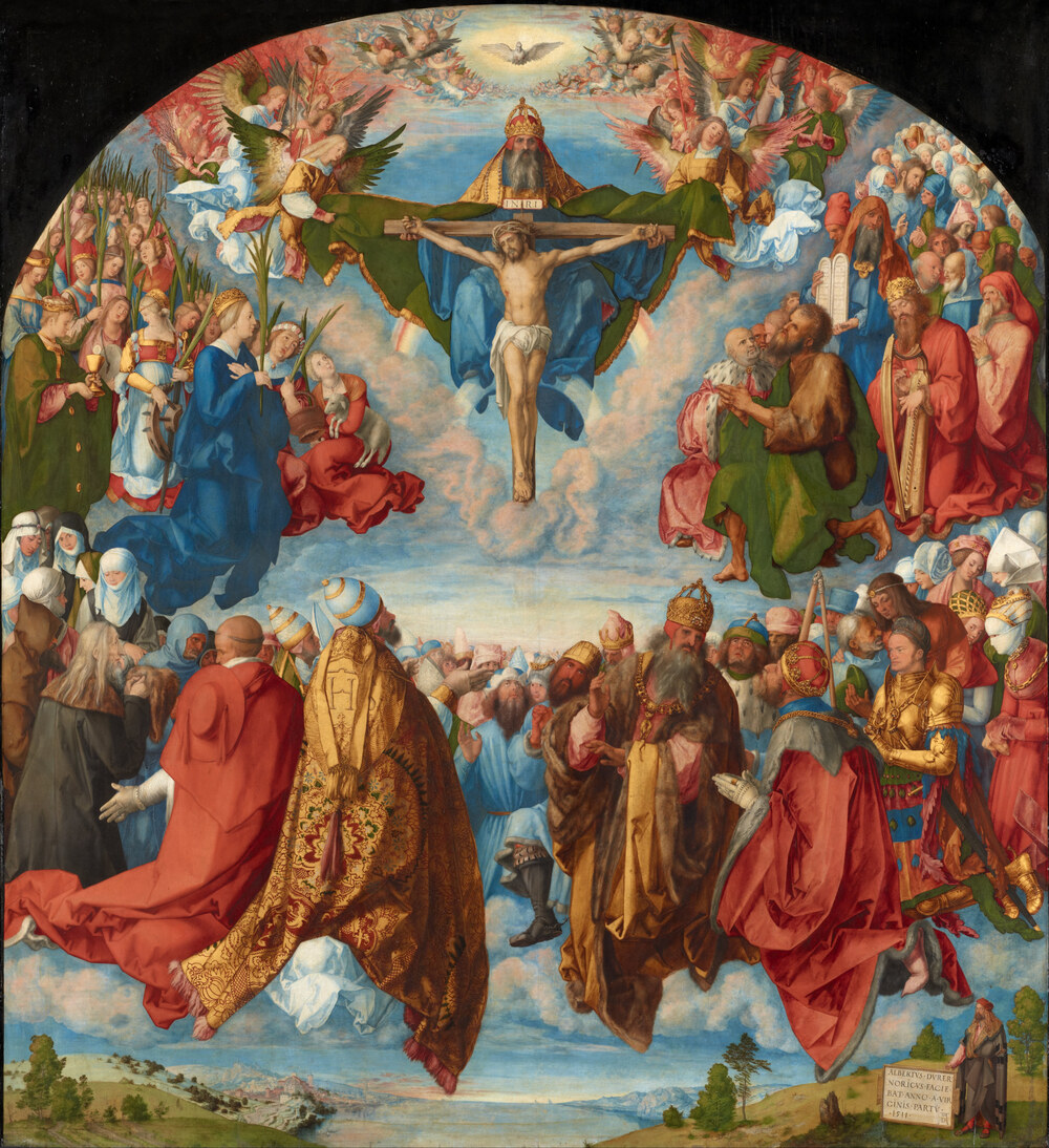 Multid&atilde;o de santos de todas as condi&ccedil;&otilde;es adorando a Trindade no c&eacute;u, ret&aacute;bulo de Alberto D&uuml;rer